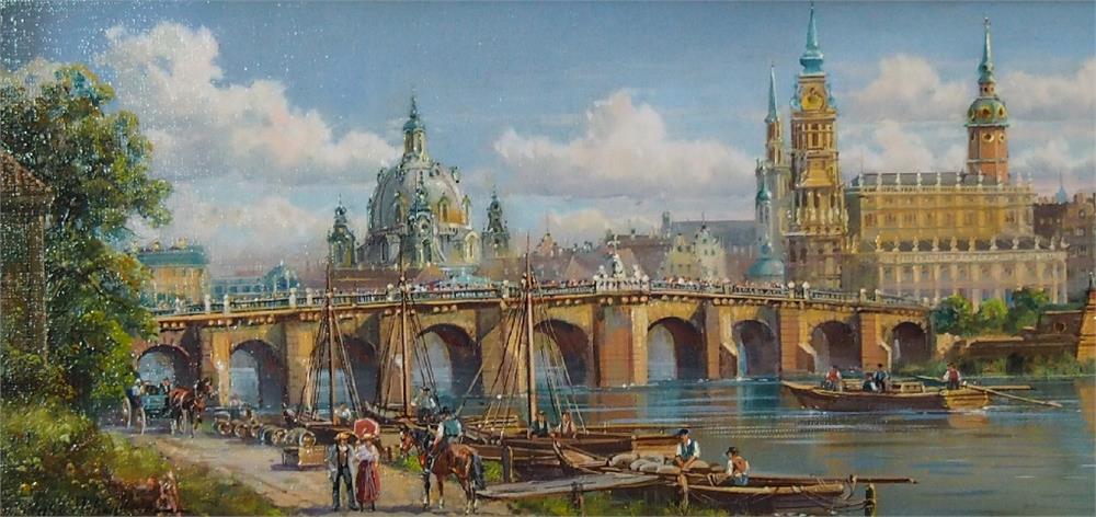 KAPLAN, Hubert.  Blick über die Elbe auf die Augustusbrücke mit historischem Stadtkern in Dresden.