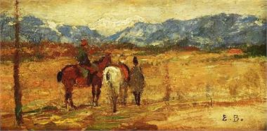 Maler  19./20. Jahrhundert. Frankreich, Kosakenreiter zu Pferd in weiter Landschaft. 