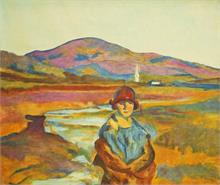 Frau mit Hut in Landschaft.