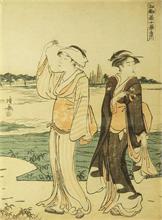 Japanischer Holzschnitt "Sumidagawa, zwei Frauen am Fluß".