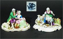 Zwei Miniatur-Figurengruppen  "Schäferpaar". 