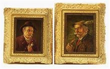 Zwei Porträts"Bauer mit Pfeife", in festlicher Tracht. 