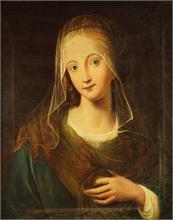 Porträt einer jungen adligen Dame mit Perlschmuck und Schleier.