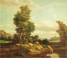 Romantisches Landschaftsbild "Liebespaar mit Schafen".