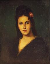 Halbportrait einer jungen Dame mit Blume im Haar.