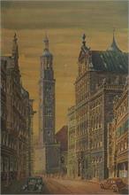 Augsburg in den 1920er Jahren, Maximilianstraße mit Blick auf das Rathaus und Perlachturm.