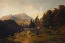 Romantische Gebirgslandschaft mit Weidevieh und  Berghütte im Hochgebirge.