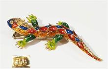 Brosche "Salamander". 750er Gelbgold, farbig emailliert.