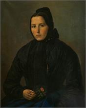 Biedermeier-Dame in schwarz mit Rosenblüte.