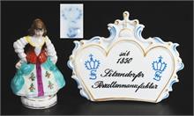 Kleine Figurine '"Rokokodame". Großer Porzellanaufsteller "Sitzendorfer Porzellanmanufaktur seit 1850".