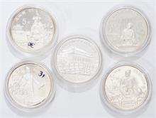 Lot von China 5 Yuan (1990, 3 x 1989, 1997), alle 900 Silber, polierte Platte.