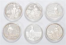 Lot von China 6 Yuan (3 x 1988, 1984, 1990, 1989), alle 900 Silber, polierte Platte.