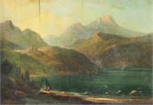 Kleines Gemälde einer Gebirgslandschaft mit See.