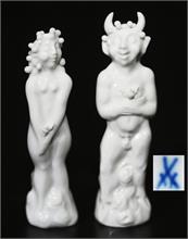 Stilisierte karikative Miniaturfiguren "Braut und Satyr". MEISSEN, 1. Wahl.  Entwurf Peter Strang. Modelljahr 1994.