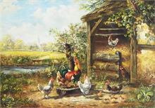BEIl, Karin.  Hahn mit seinen Hennen und Küken vor Stall