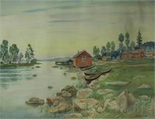 Nicolaus, Martin.  1870-1945. Aquarell. Sommerhäuser am Fjord. 