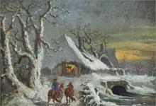 Schüz, Theodor Christoph.   1830 - 1900   zugeschrieben. Winterlandschaft mit Reiter und zwei Pferden. 