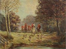 Reiter zu Pferd mit Hunden auf der Jagd. 