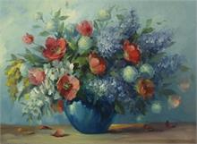 NORVAL.  Blumenstilleben in blauer Vase. 
