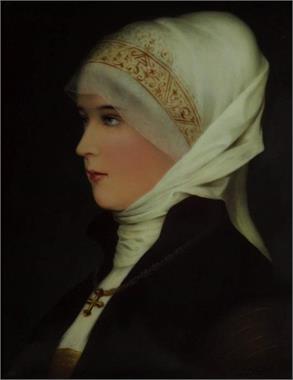 Porträt einer jungen Frau in Tracht aus der Renaissancezeit.