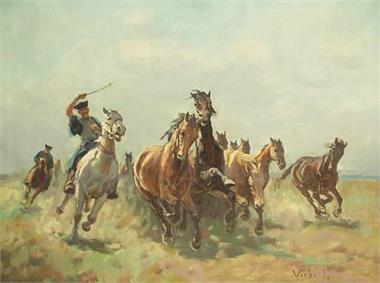 VISKI, Janos. 1891 Szokolya - 1987 Budapest/Ungarn. Pferdehirten beim Treiben der Herde in weiter Landschaft.