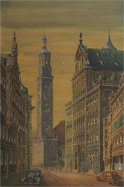 Augsburg in den 1920er Jahren, Maximilianstraße mit Blick auf das Rathaus und Perlachturm.