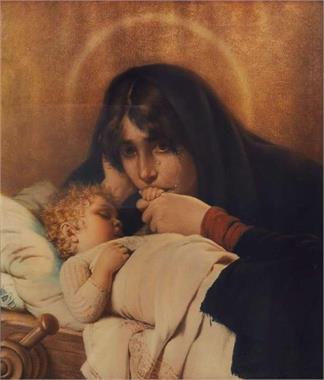 Weinende Madonna mit Kind.  Chromolithografie, Motiv nach Hermann Kaulbach.