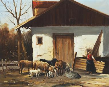 HANSEN, J., 20. Jahrhundert. Schafe vor der Stalltüre