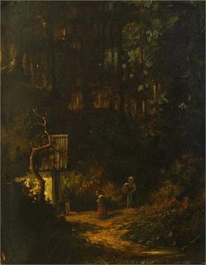 Stuhlmüller, Karl.  1858 München - 1930.  Mutter mit Kind vor Waldhütte  in Abenddämmerung.
