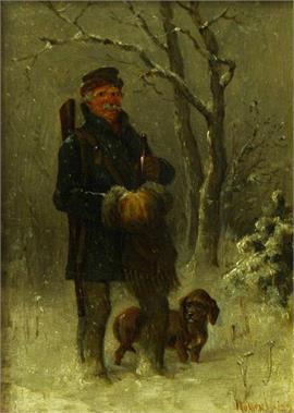 Mueller-Lingke, Albert. 1844 - 1930 . Jäger mit Hund in Winterlandschaft. 