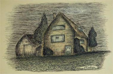Kubin, Alfred.    1877 - 1959. Waldhäuser. Tuschfederzeichnung