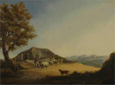 In italienischer Landschaft Schäfer mit seiner Herde. 